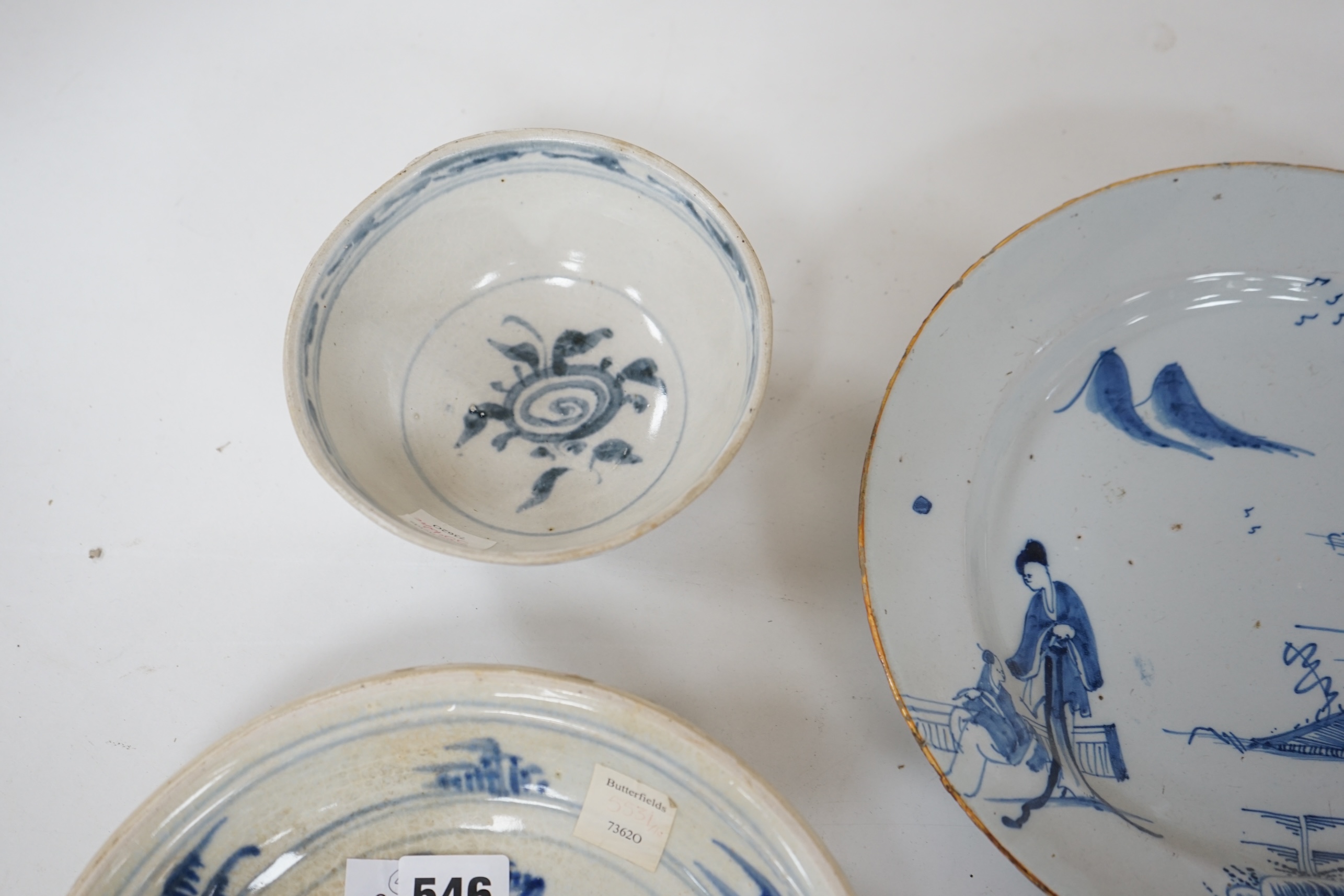 Three 15th century pieces from the Saga Visal Hoi-an hoard Vietnamese shipwreck and a delft dish, 26cm. Condition - commensurate with age